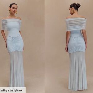 Meshki - Caspian - Slinky And Mesh Off Shoulder Maxi Dress - Pale Blue - Size M